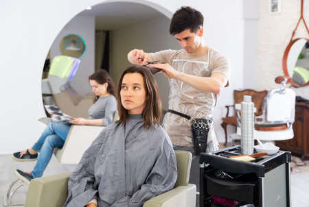Nice hairdresser and client getting haircutの写真素材