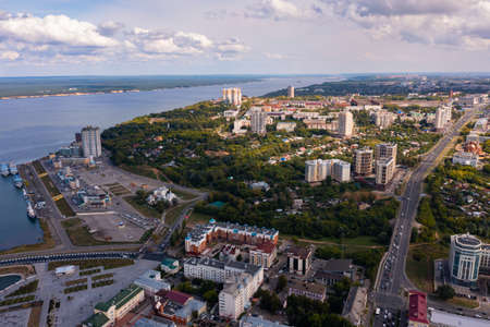 Aerial view of Cheboksary on Volga River in summer, Chuvashia, Russiaの写真素材