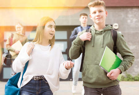 Carefree teen students boy and girl friendly talkingの写真素材