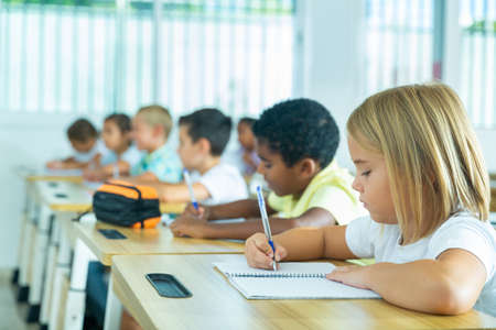 Side view of group of elementary school studentsの写真素材