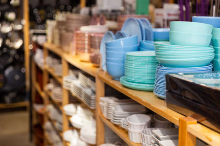 Ceramic plates in a tableware storeの写真素材