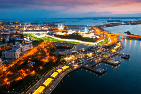 Panoramic view from drone of evening Kazan Kremlin of Kazan city. Russiaの写真素材