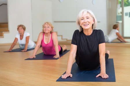 Group of elderly women performs an exercise in the dog pose face upの写真素材