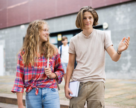 Teenagers going home after school and talkingの写真素材