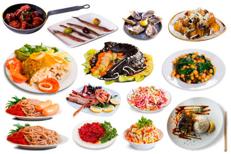View of many plates with tasty food over white backgroundの写真素材