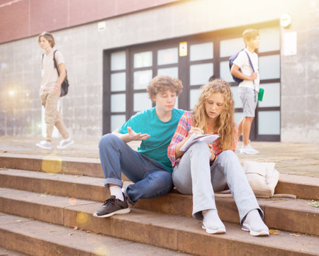 Teenagers preparing for exams on stairs in campusの写真素材