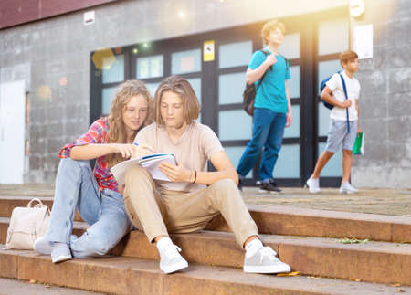 Girl prompts solution to problem to young man sitting on stone staircase in front of schoolの写真素材