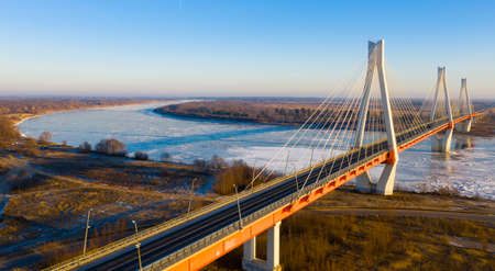 Flight over cable-stayed bridge over the Oka Riverの写真素材