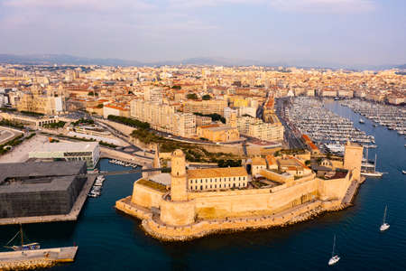 Aerial view of town and port in Marseille city with of sailboats and yachtsの写真素材