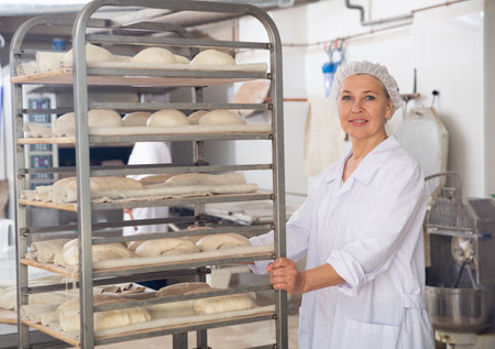 Woman pushing rack trolley with shaped raw doughの写真素材