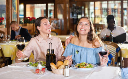 Two positive female best friends drinking wine in restaurantの写真素材