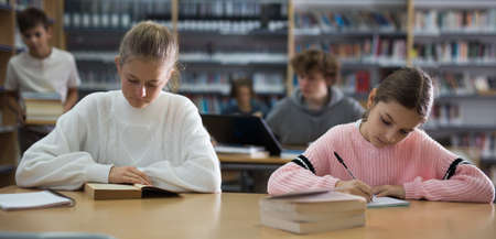 Two friends are studying in school library. Exam preparationの写真素材