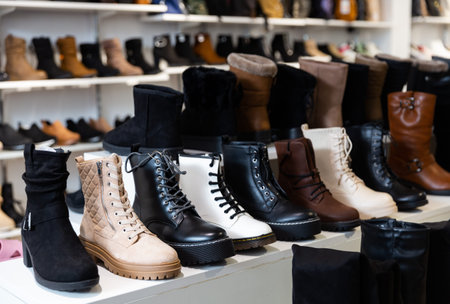 Lots of leather wintry male and female shoes at storeの写真素材