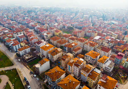 View from drone of residential districts of Turkish city of Balikesirの写真素材