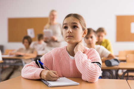 Portrait of schoolgirl at lesson in schoolの写真素材