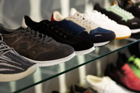Different colorful sport shoes are on shelves