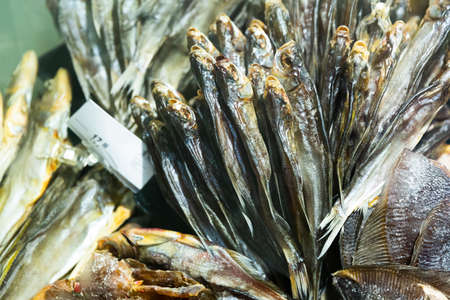 Dried salted fish in market showcaseの写真素材