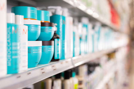 Hair care treatments on showcase in cosmetic boutique of Barcelonaのeditorial素材