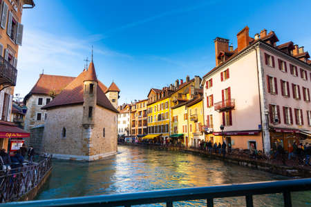 Annecy old town with ancient Palais de l Isle on island in Thiou riverのeditorial素材