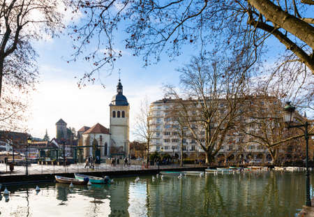 Annecy, France - December 30, 2021: Colorful houses along canal in Annecyのeditorial素材