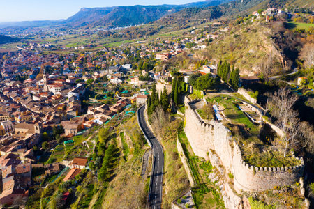 Top view of the city of Berga on the slopes of the Pyrenees mountains. pain