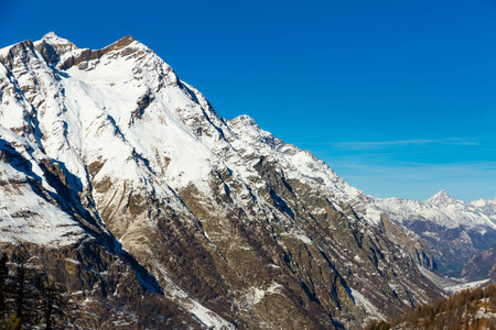 Winter alpine landscape near Zermatt with snow covered mountains, Switzerland