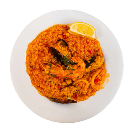 Appetizing seafood dish Paella with shrimpの写真素材