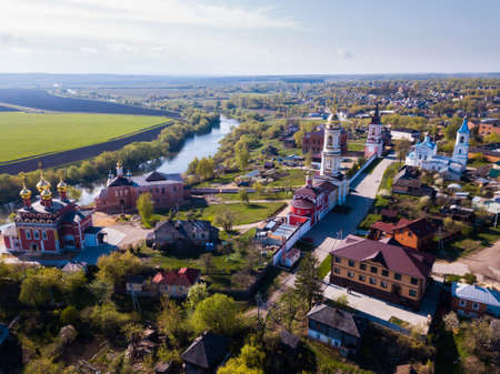 Panoramic aerial view of district of Belev on riverside, Tula regionの写真素材