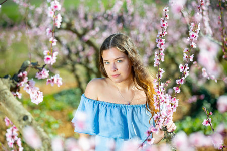 Portrait of an attractive girl in blue dress in blooming peach garden