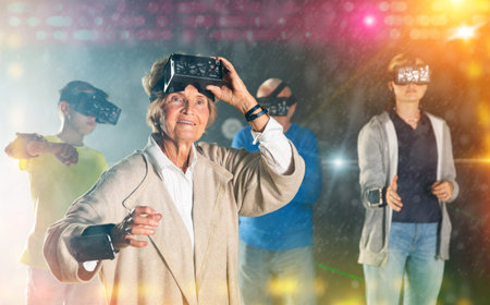 Amazed grandmother in VR club with family