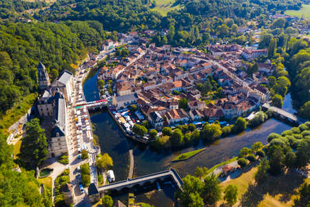 Flight over the city Brantome en Perigord on summer dayの写真素材