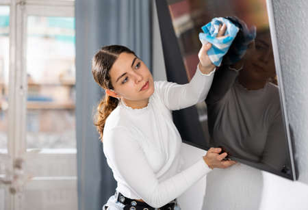 Woman cleaning TV screen in living roomの写真素材