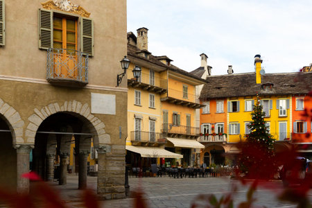 Piazza del Mercato in Italian town of Domodossola with Christmas tree