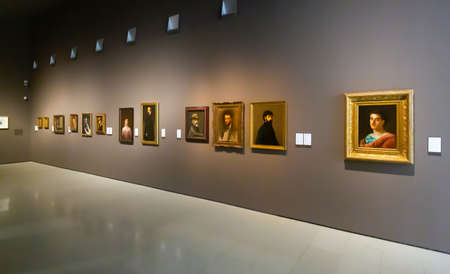 Empty hall of National Art Museum of Catalonia with collection of paintingsのeditorial素材