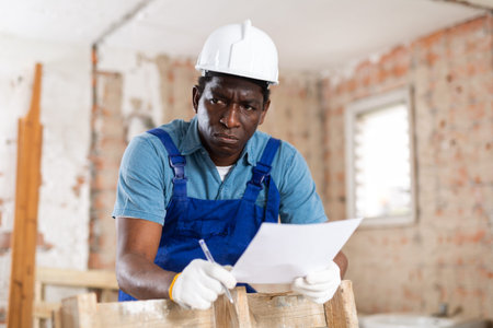 Frustrated african american foreman standing with papers at construction site