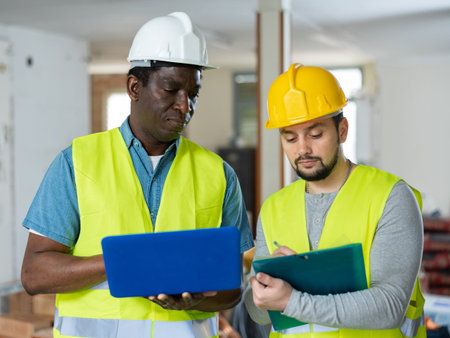 Two builders talking on indoor construction site