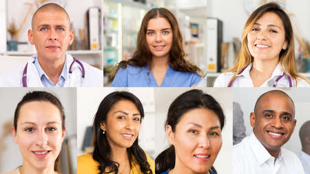 Collage of portraits of mixed age group of focused business professionalsの写真素材