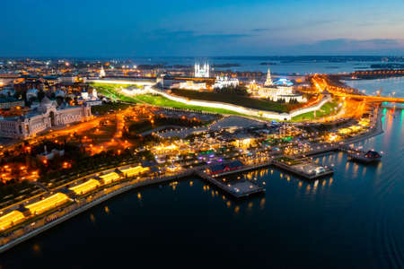 Aerial view of evening Kazan Kremlin and the Volga river embankment. Kazan. Russiaの写真素材