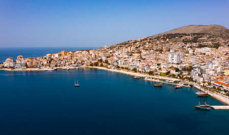 Aerial view of the resort town of Sarandaの写真素材