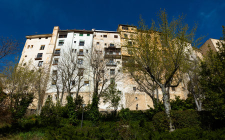 Ancient skyscrapers on hill above gorge in Spanish city of Cuenca