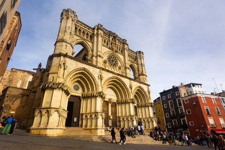Cuenca, Spain - April 11, 2022: Stone building in gothic style, main facade. Cathedral of Cuenca. Spainのeditorial素材