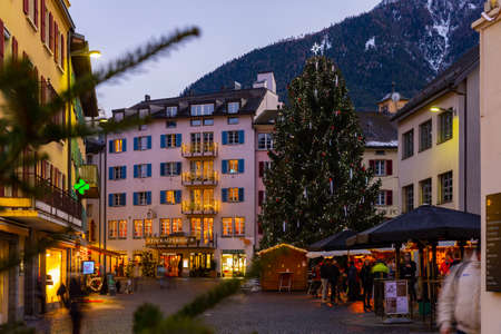 Streets of Brig, Switzerland, decorated for Christmasのeditorial素材
