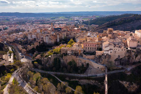Drone view of picturesque quarters of the city Cuenca. Castilla-La Mancha, Spainの写真素材