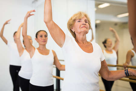 Women exercising ballet moves in training roomの写真素材