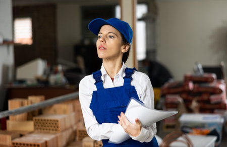 Positive female civil engineer taking notes while checking indoor construction site, satisfied with progress of workの写真素材