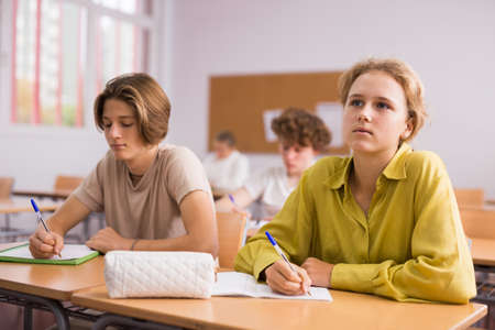 Group of students working at class, listening explanations of teacher in classroomの写真素材
