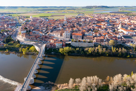 Aerial view of Tordesillas townscape on Duero river, Spainの写真素材