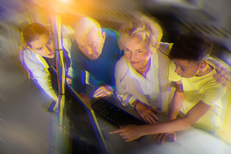 Grandparents and grandchildren are trying to find a solution to the puzzle in quest