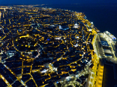Night aerial view of downtown of Lisbonの写真素材