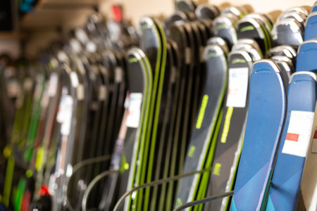 skis for sale in the sports equipment storeの写真素材